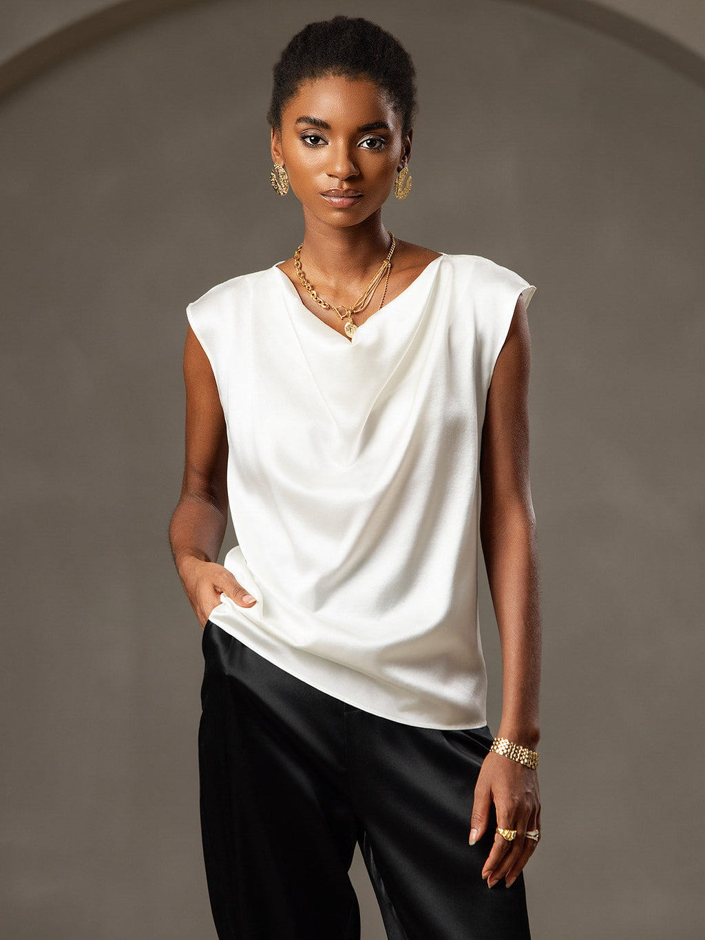 19Momme Silk Cowl Neck Cap Sleeve Blouse