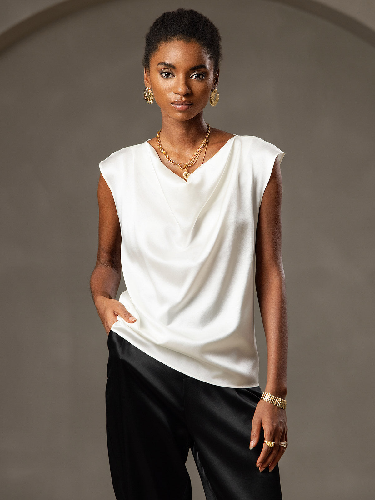 19Momme Silk Cowl Neck Cap Sleeve Blouse