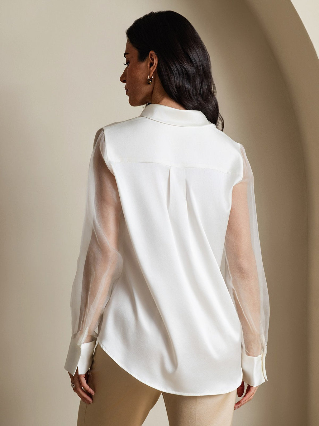 Women's 19Momme Silk Sheer Sleeve Lapel Collar Shirt