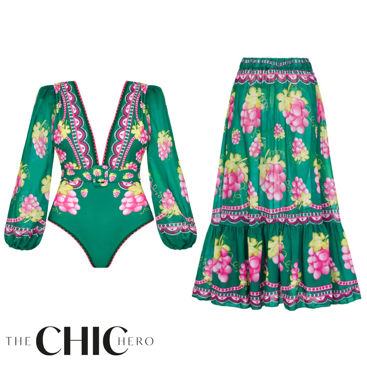 Green Grape Blossom Tropical Vineyard V-Neck Long Sleeves Swimsuit & Skirt