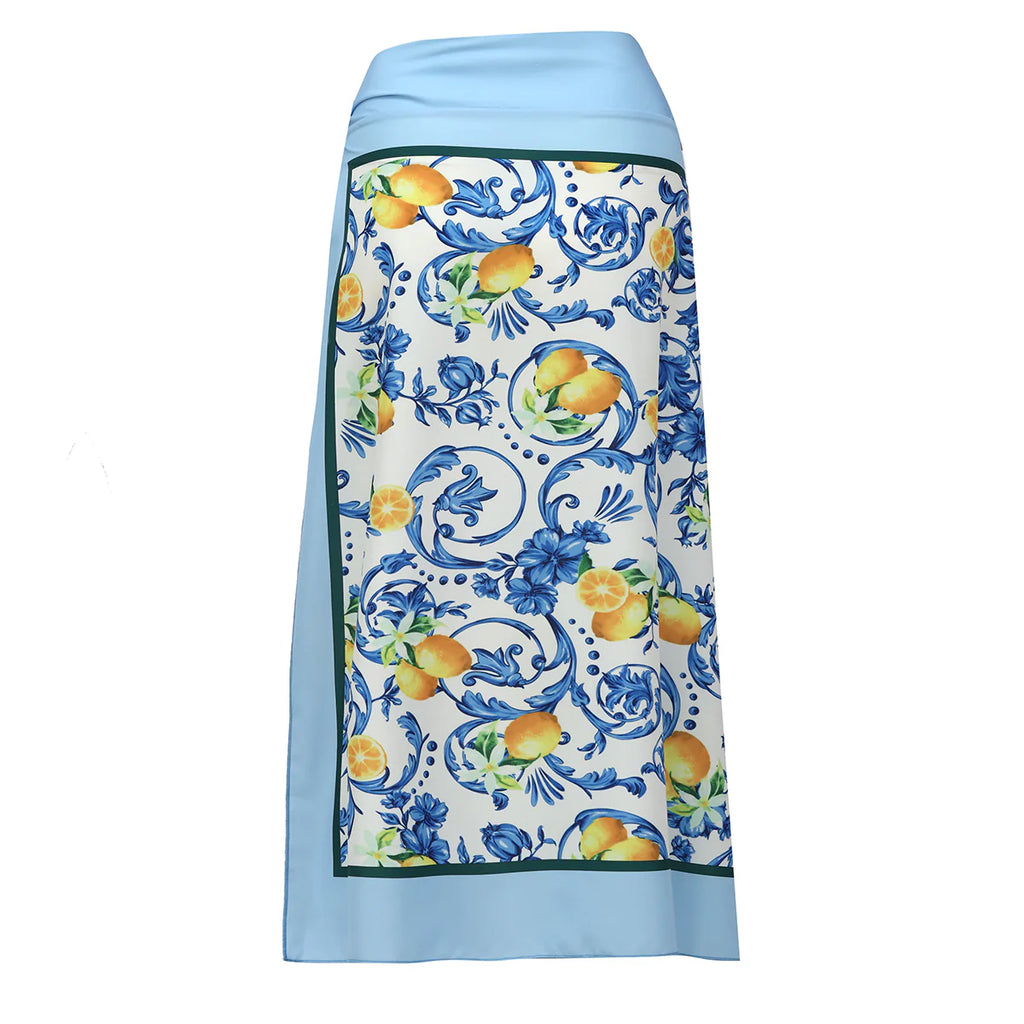 Blue Retro Lemon Florals One-Piece Swimsuit&Skirt