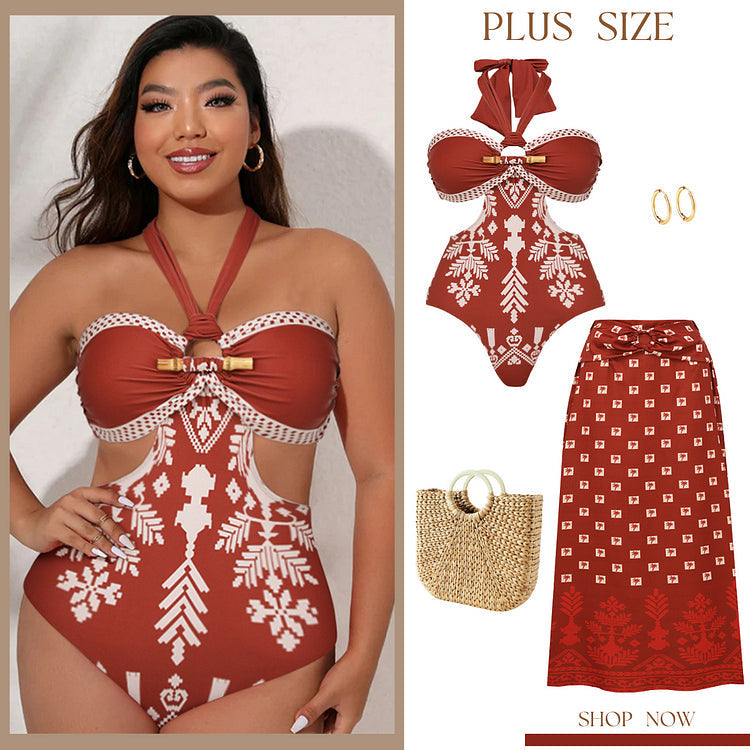 Boho Ethnic Floral Patterned Halter One-Piece Swimsuit&Skirt