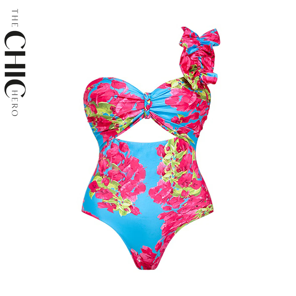 Ruffle Removable Shoulder Strap Pink Flower One Piece Swimsuit & Skirt