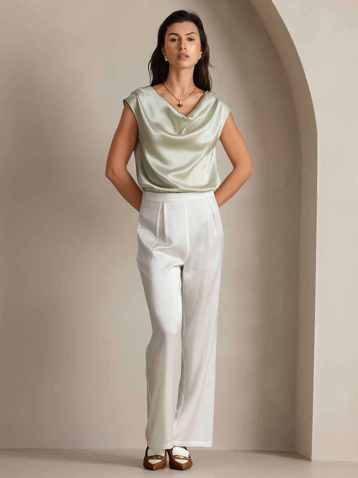 19Momme Silk Cap Sleeve Cowl Neck Tank Top/Blouse