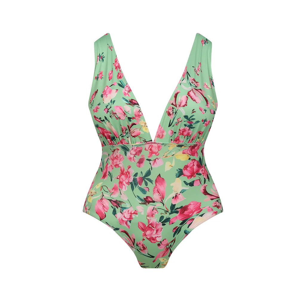 Mint Green & Pink Florals One-Piece Swimsuit&Bikini&Skirt
