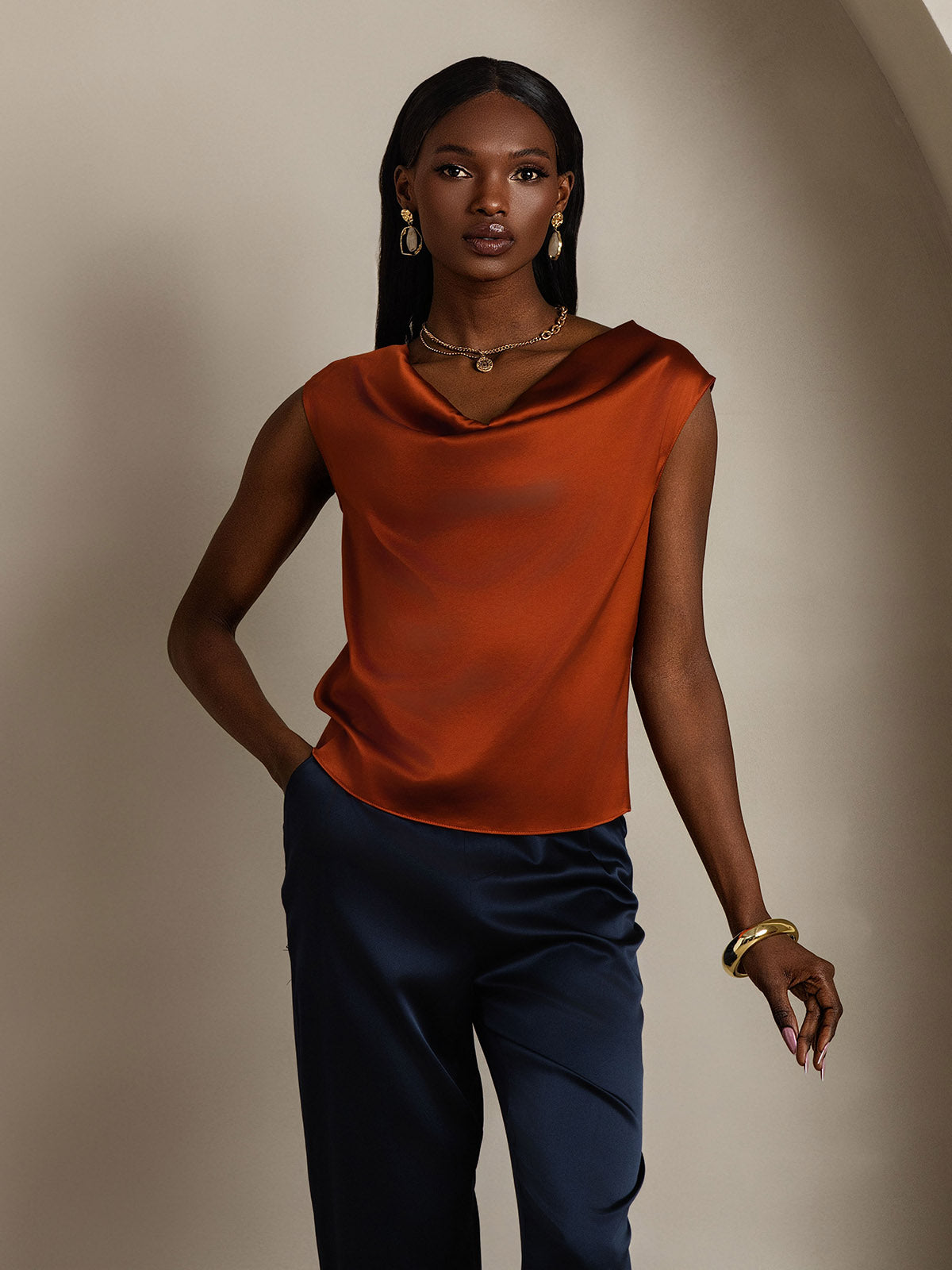19Momme Silk Cap Sleeve Cowl Neck Tank Top/Blouse