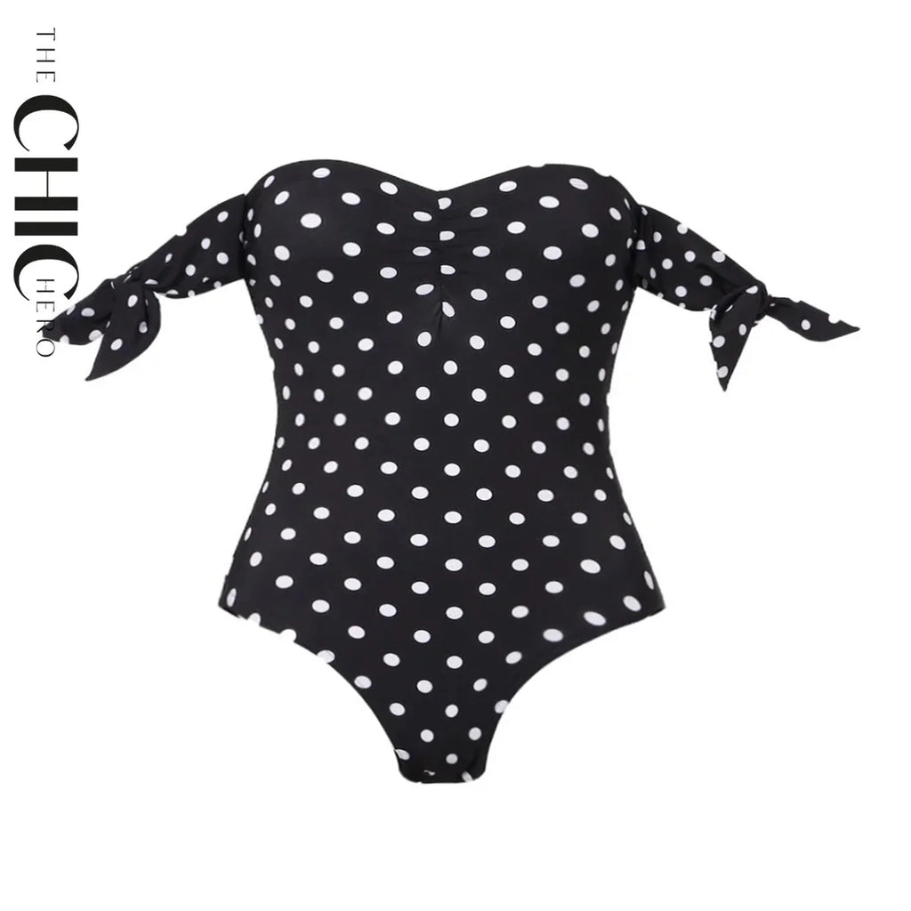 Black Polka Dot Off Shoulder One-Piece Swimsuit&Skirt
