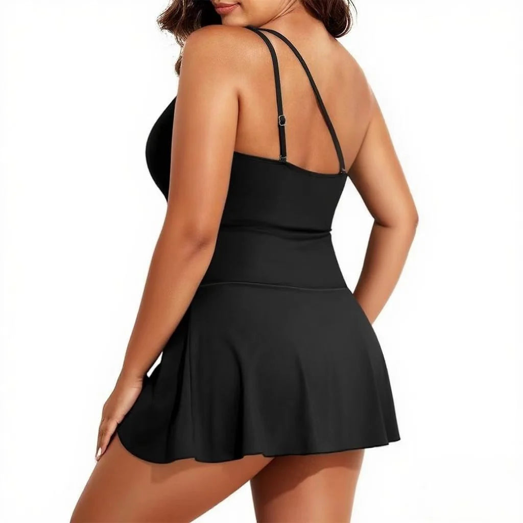 Black One Shoulder One-Piece Tummy Control Swimsuit with Skirt