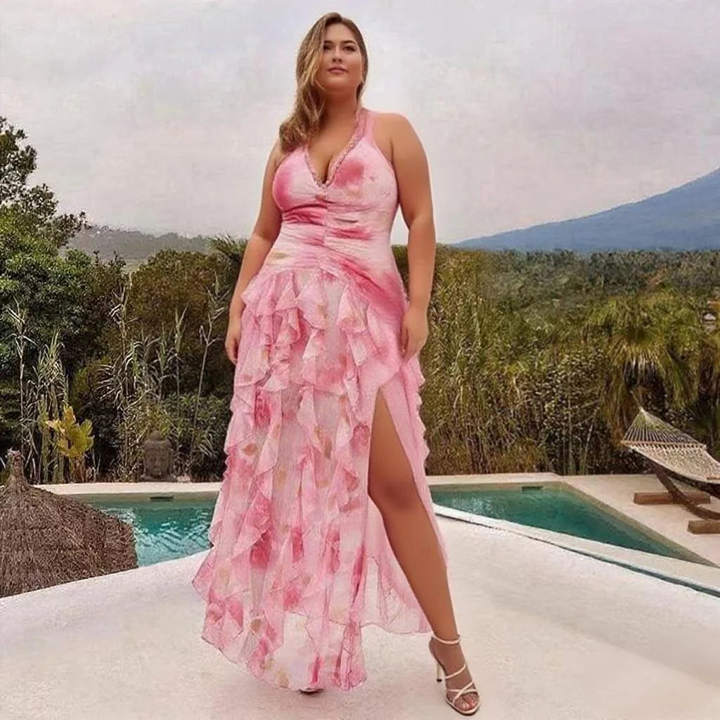 Romantic Pink Floral Halter Ruching One-Piece Swimsuit&Ruffled Skirt