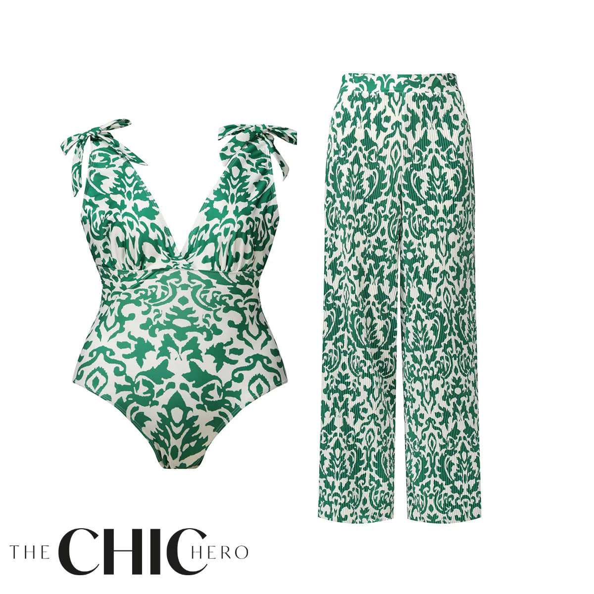 Green Boho Breeze Floral Tie-shoulder One Piece Swimsuit&Pants