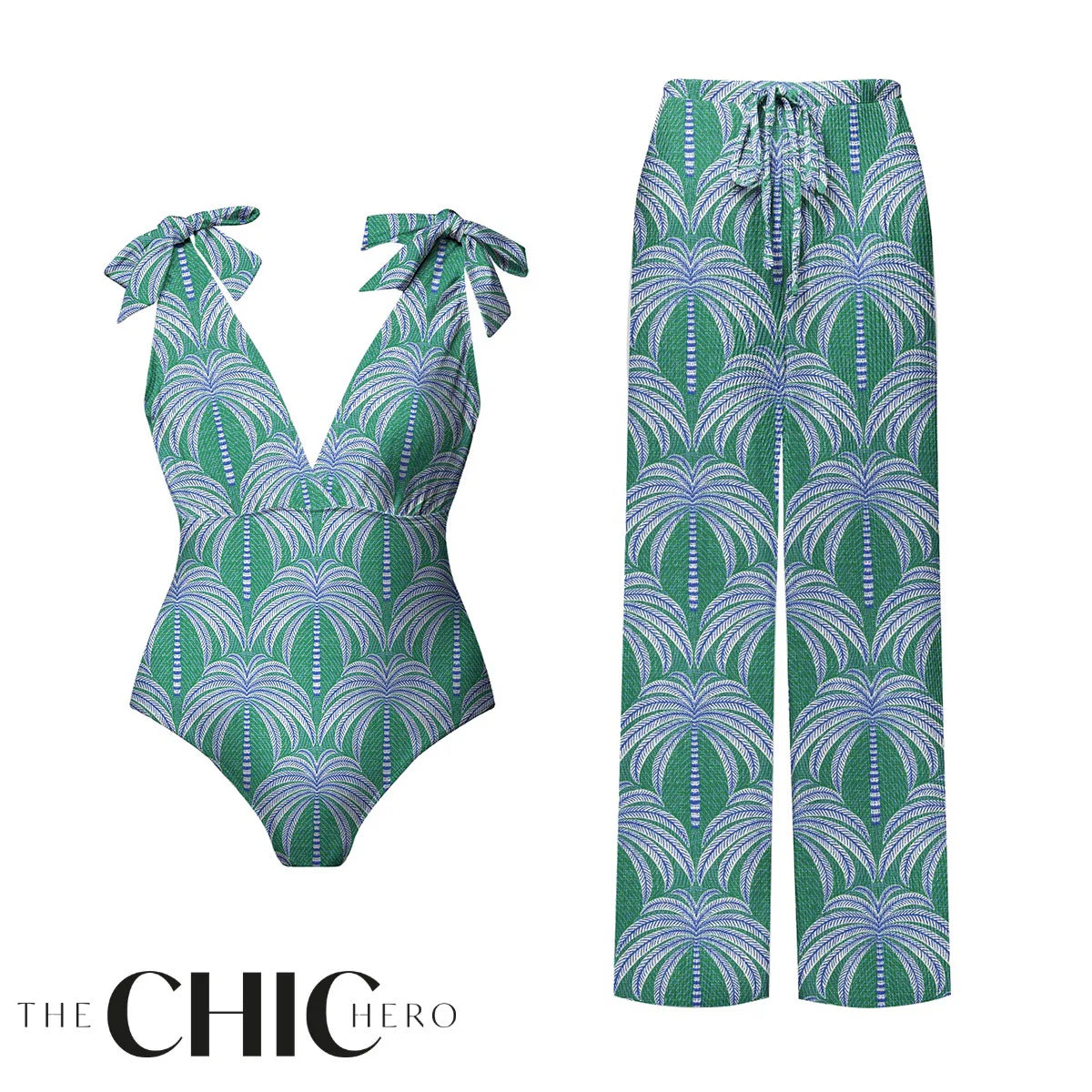 Green Palm Leaf Print and Bow One-Piece Swimsuit&Pants