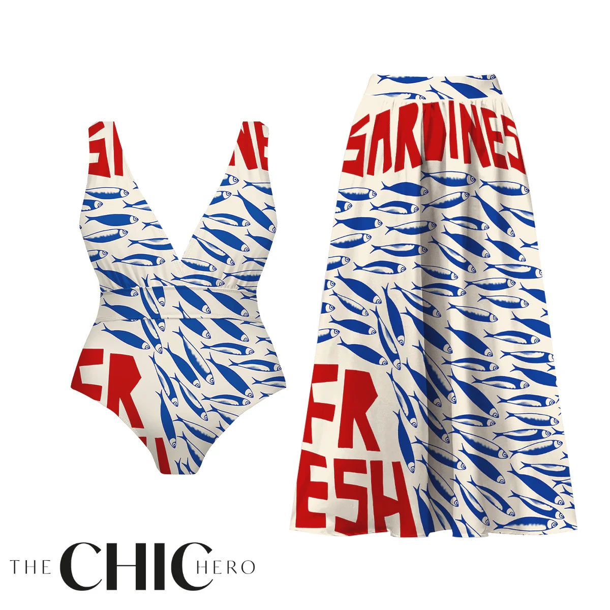 Pop Art Sea Vibes Sardine One-Piece Swimsuit&Skirt