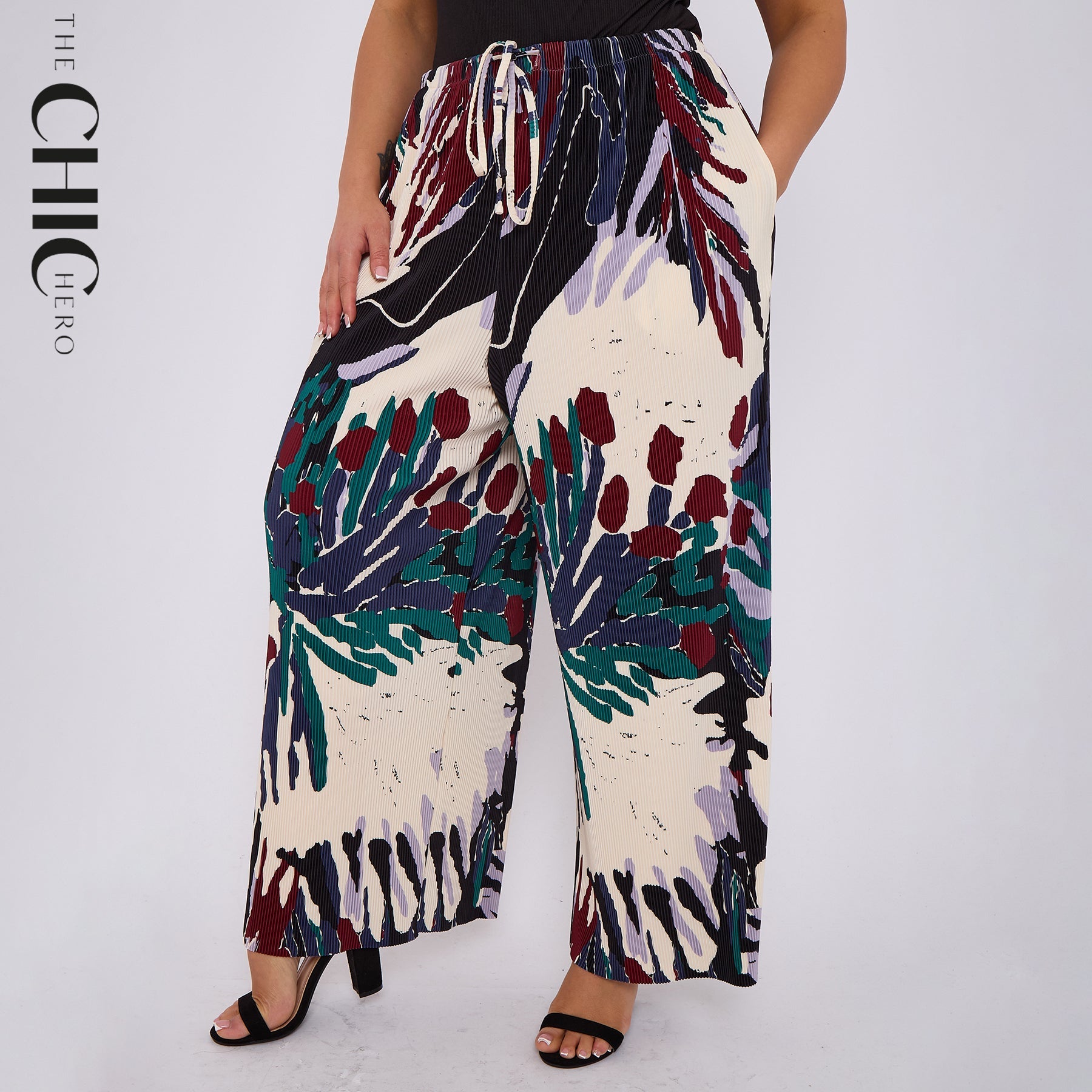 Red Rose Flower Abstract Print Palazzo Pleated Pants With Pockets