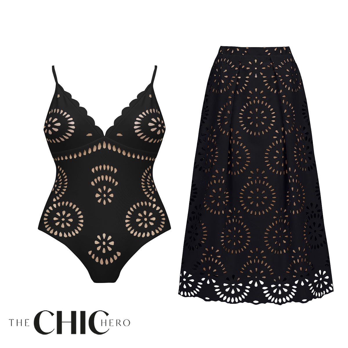 Black Scalloped Hollow Sexy One-Piece Swimsuit&Skirt