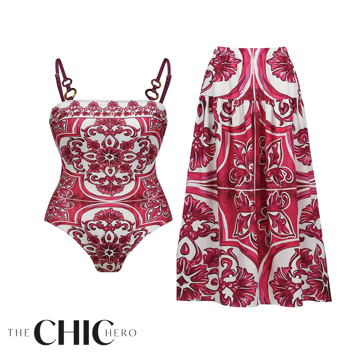 Vintage Floral Rose Ouartz One-Piece Swimsuit&Skirt