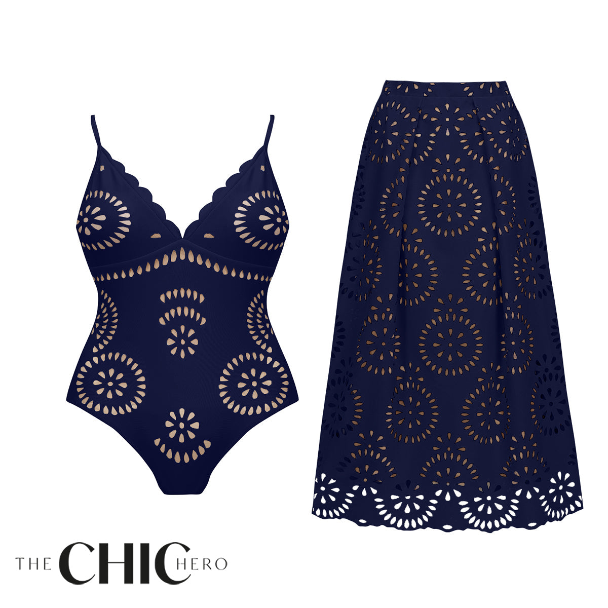 Blue Scalloped Hollow Sexy One-Piece Swimsuit&Skirt