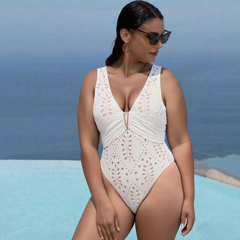 White Petal Hollow One-Piece V Neck Swimsuit&Skirt