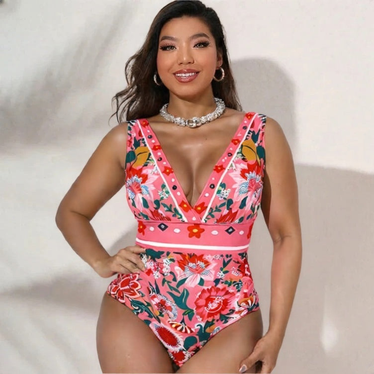 Pink Elegant Floral Patterns 3-Piece Set Swimsuit&Skirt