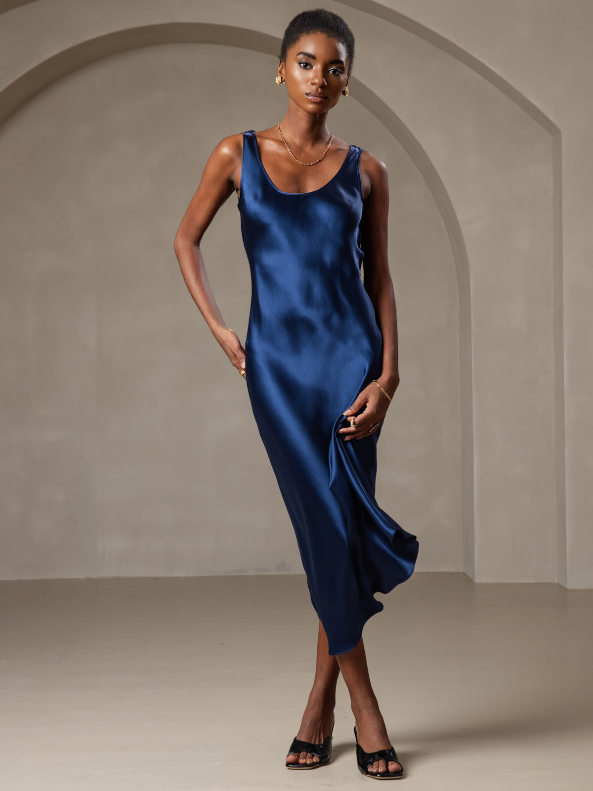 Pure Silk Wide Strap Sleeveless Long Dress
