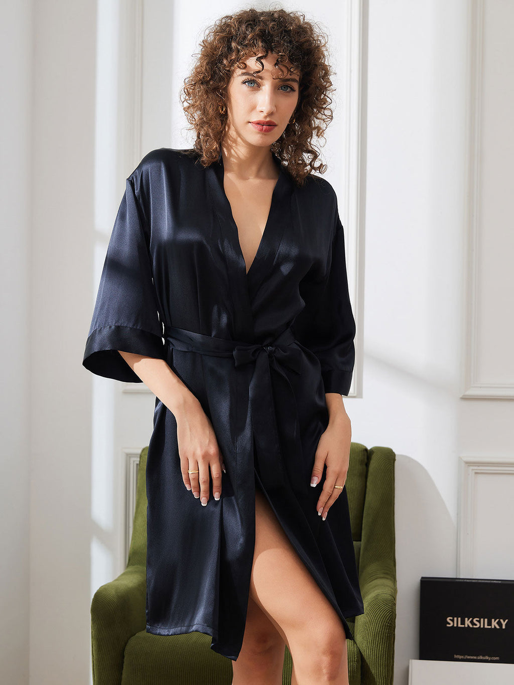 Pure Silk Belted Wrap Kimono Night Robe
