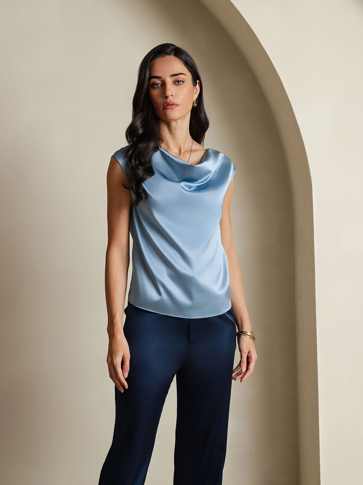 19Momme Silk Cowl Neck Cap Sleeve Blouse