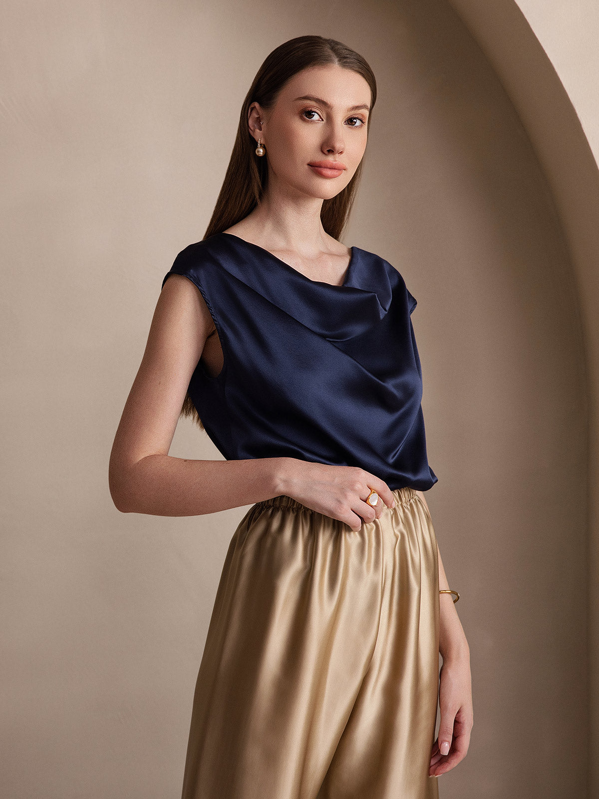 19Momme Silk Cowl Neck Cap Sleeve Blouse