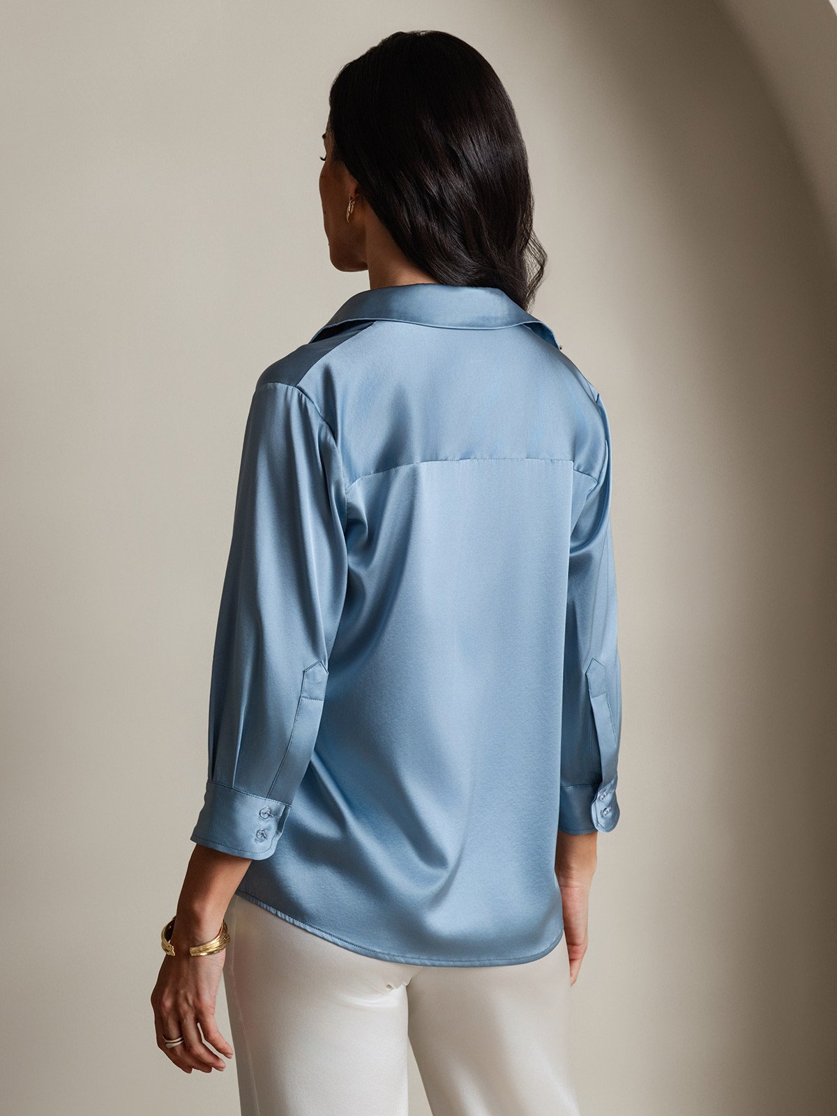19Momme Silk 3/4 Sleeve Lapel Collar Women's Shirt with Button Up Design