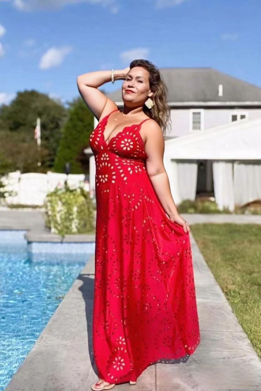 Red Scalloped Hollow Sexy One-Piece Swimsuit&Skirt
