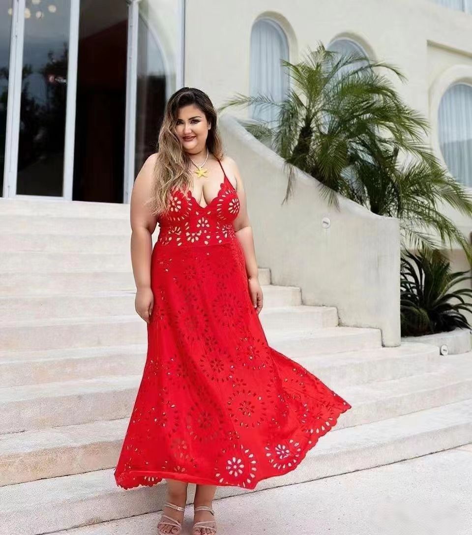 Red Scalloped Hollow Sexy One-Piece Swimsuit&Skirt