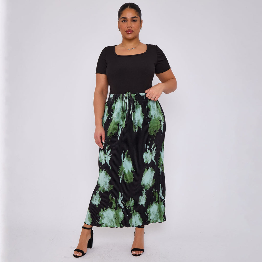 Abstract Green Plus Size Pleated Skirt