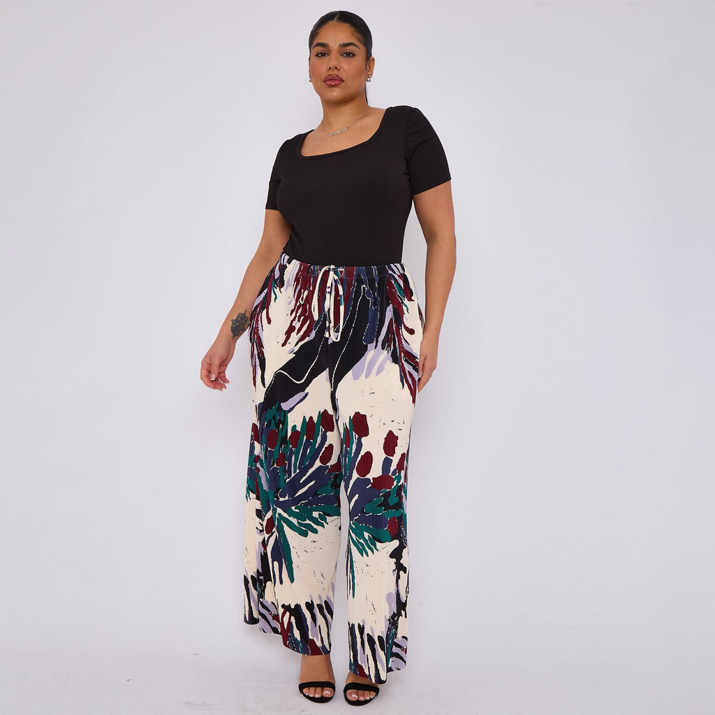 Red Rose Flower Abstract Print Palazzo Pleated Pants With Pockets