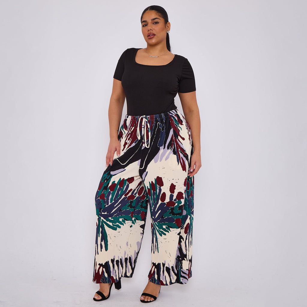Red Rose Flower Abstract Print Palazzo Pleated Pants With Pockets