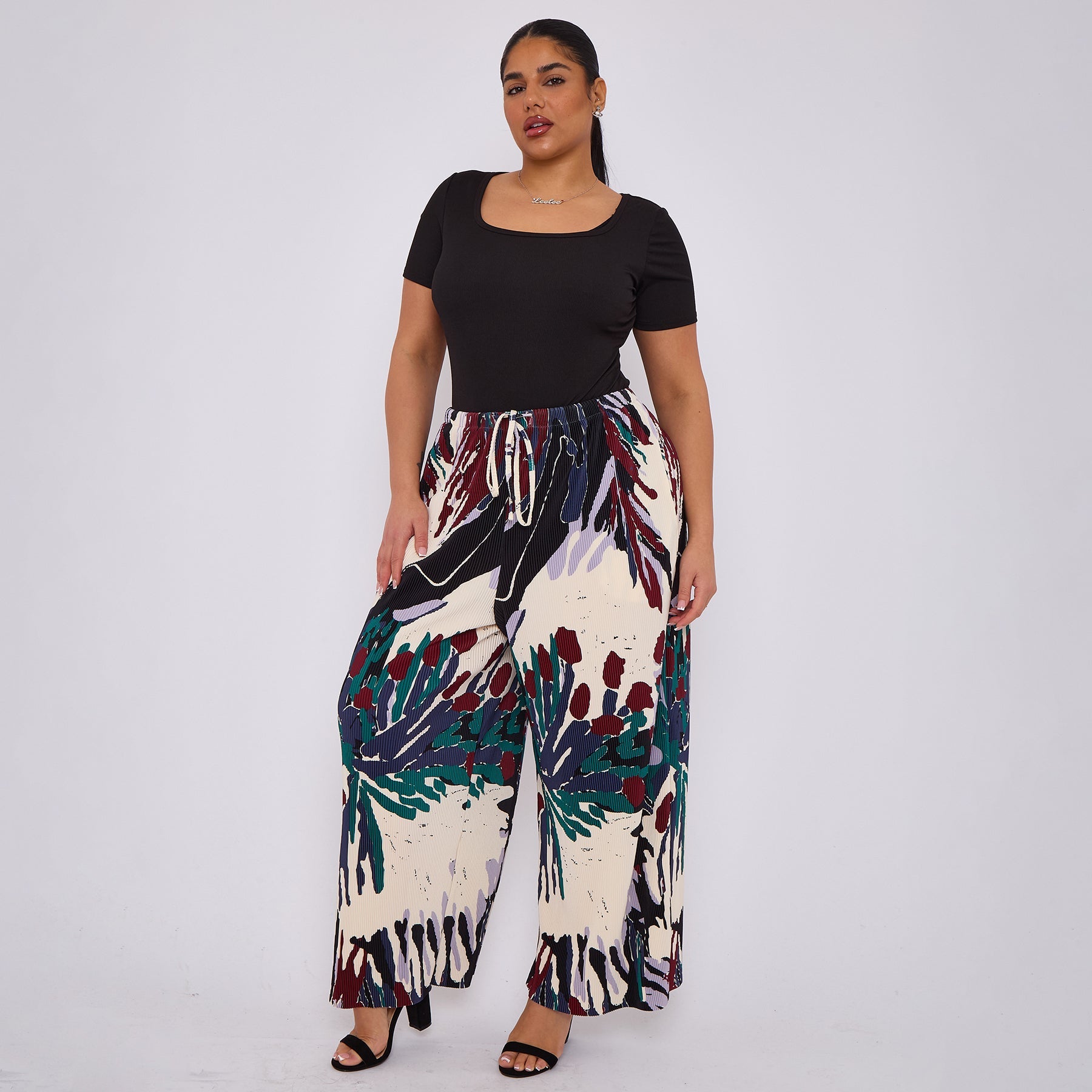 Red Rose Flower Abstract Print Palazzo Pleated Pants With Pockets