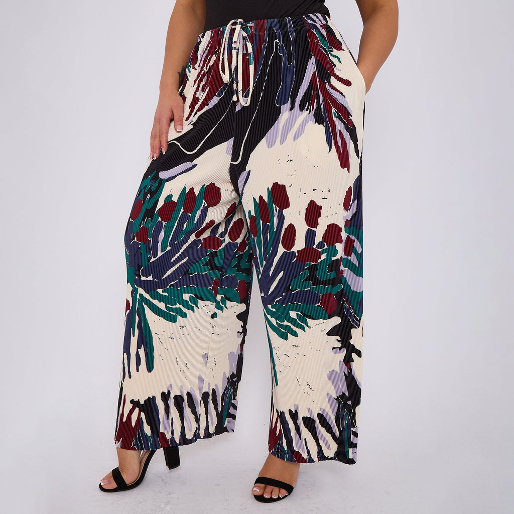 Red Rose Flower Abstract Print Palazzo Pleated Pants With Pockets
