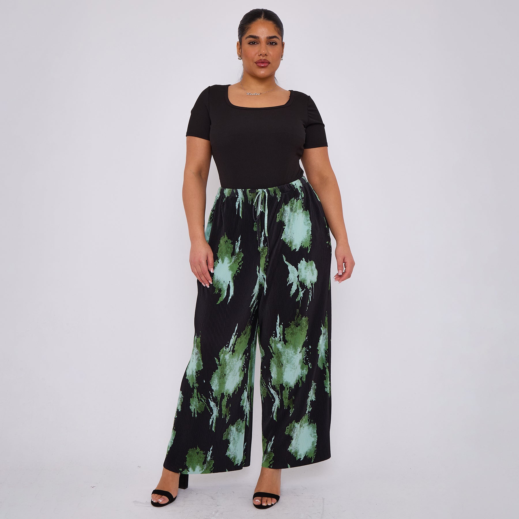 Abstract Green Black Print Wide-Leg Drawstring Pants Palazzo Pleated Pants With Pockets