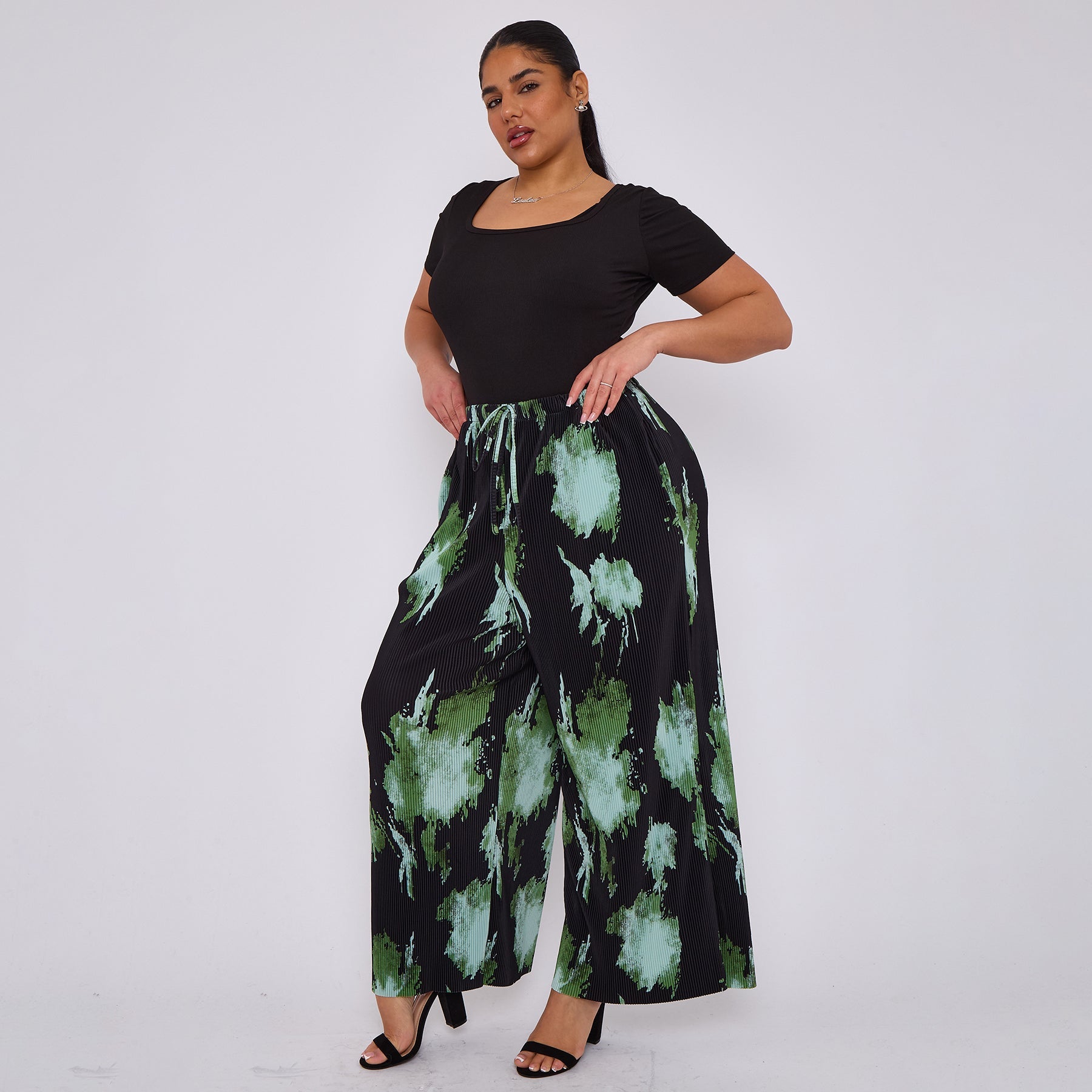 Abstract Green Black Print Wide-Leg Drawstring Pants Palazzo Pleated Pants With Pockets