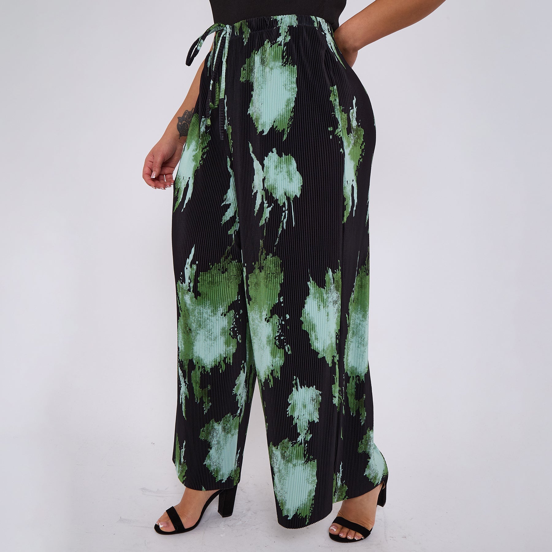 Abstract Green Black Print Wide-Leg Drawstring Pants Palazzo Pleated Pants With Pockets