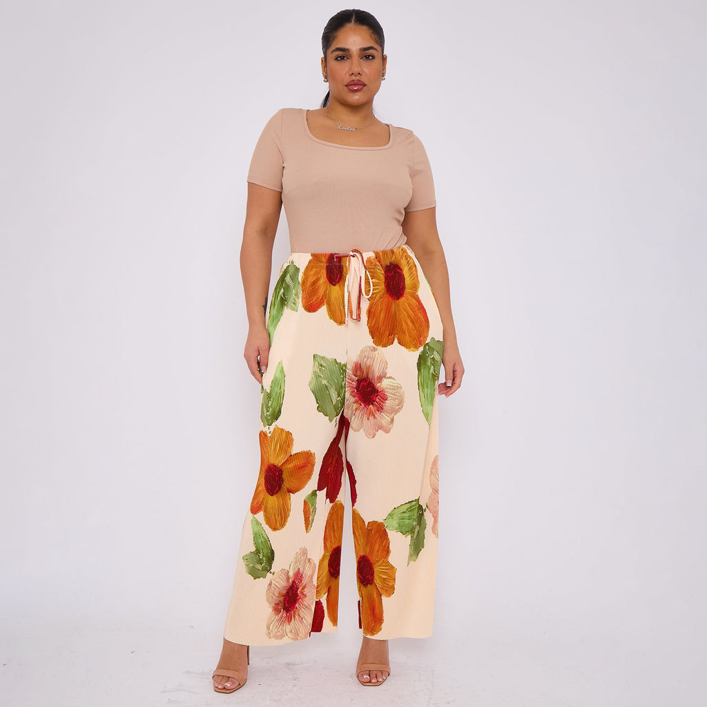 Abstract Floral Wide-Leg Drawstring Pleated Trousers With Pockets