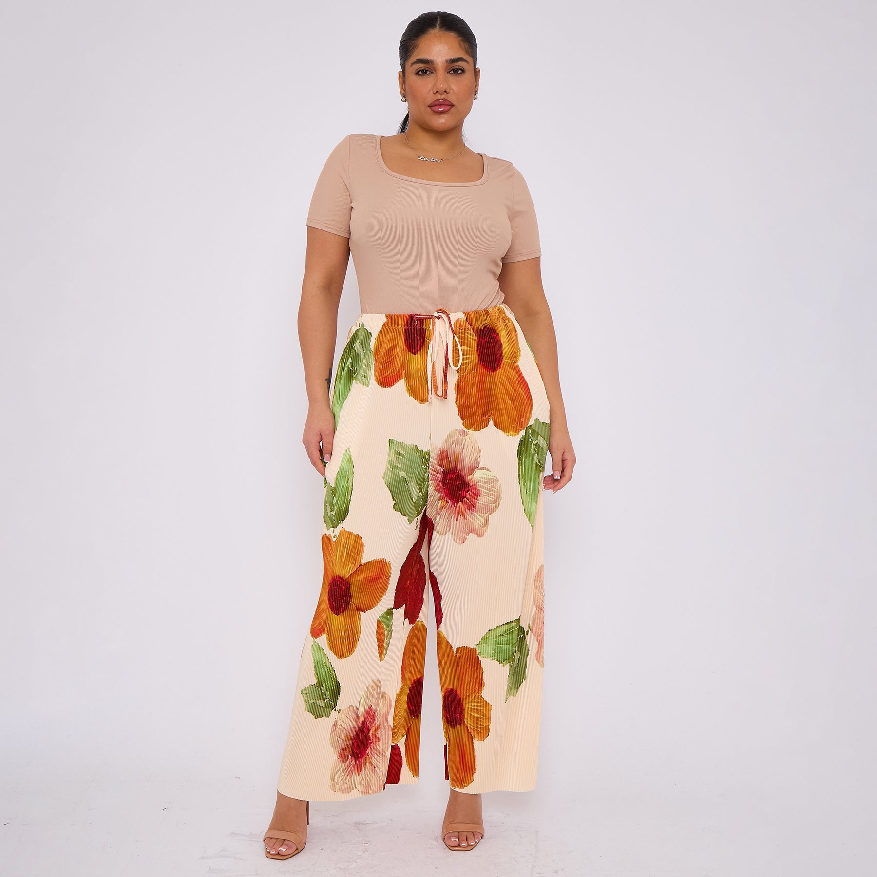 Abstract Floral Wide-Leg Drawstring Pleated Trousers With Pockets