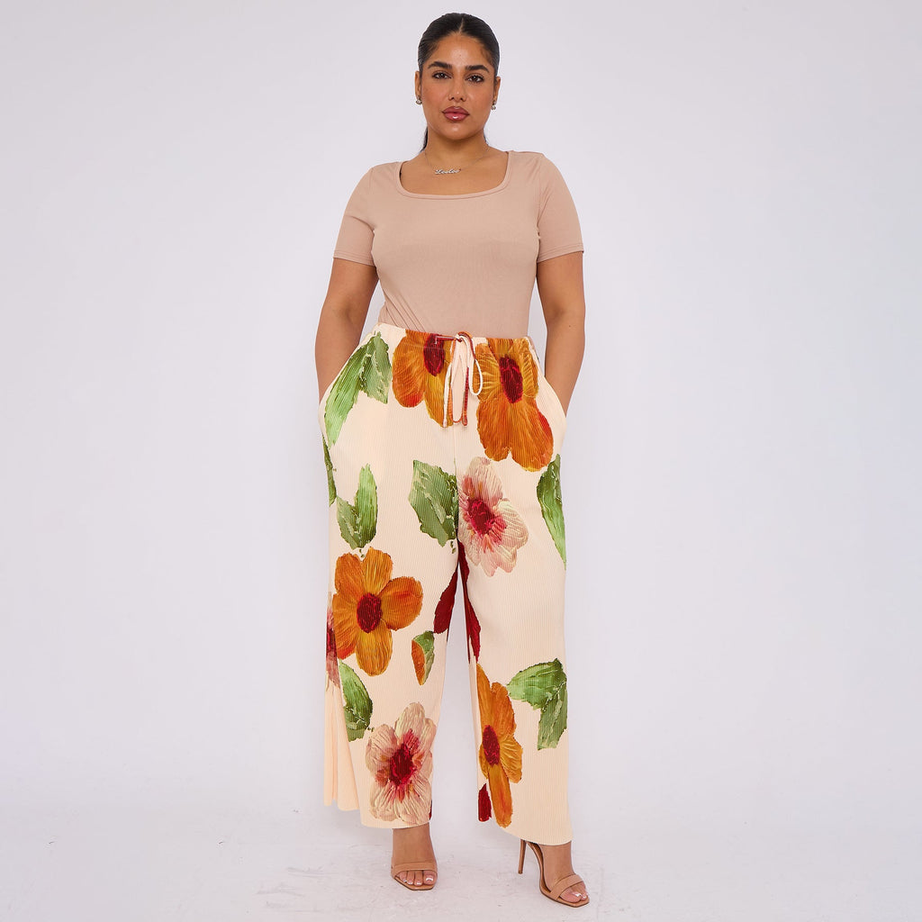 Abstract Floral Wide-Leg Drawstring Pleated Trousers With Pockets