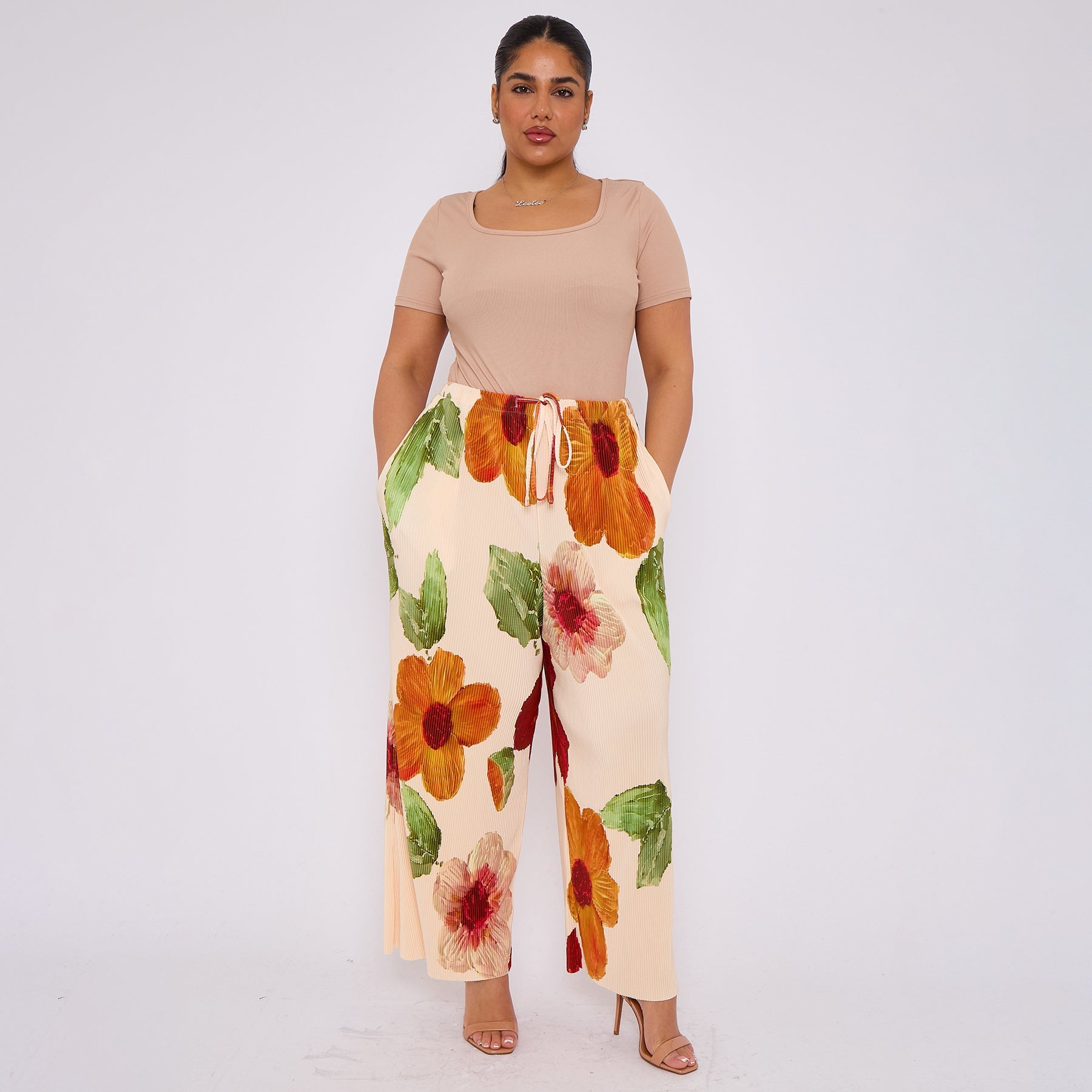 Abstract Floral Wide-Leg Drawstring Pleated Trousers With Pockets
