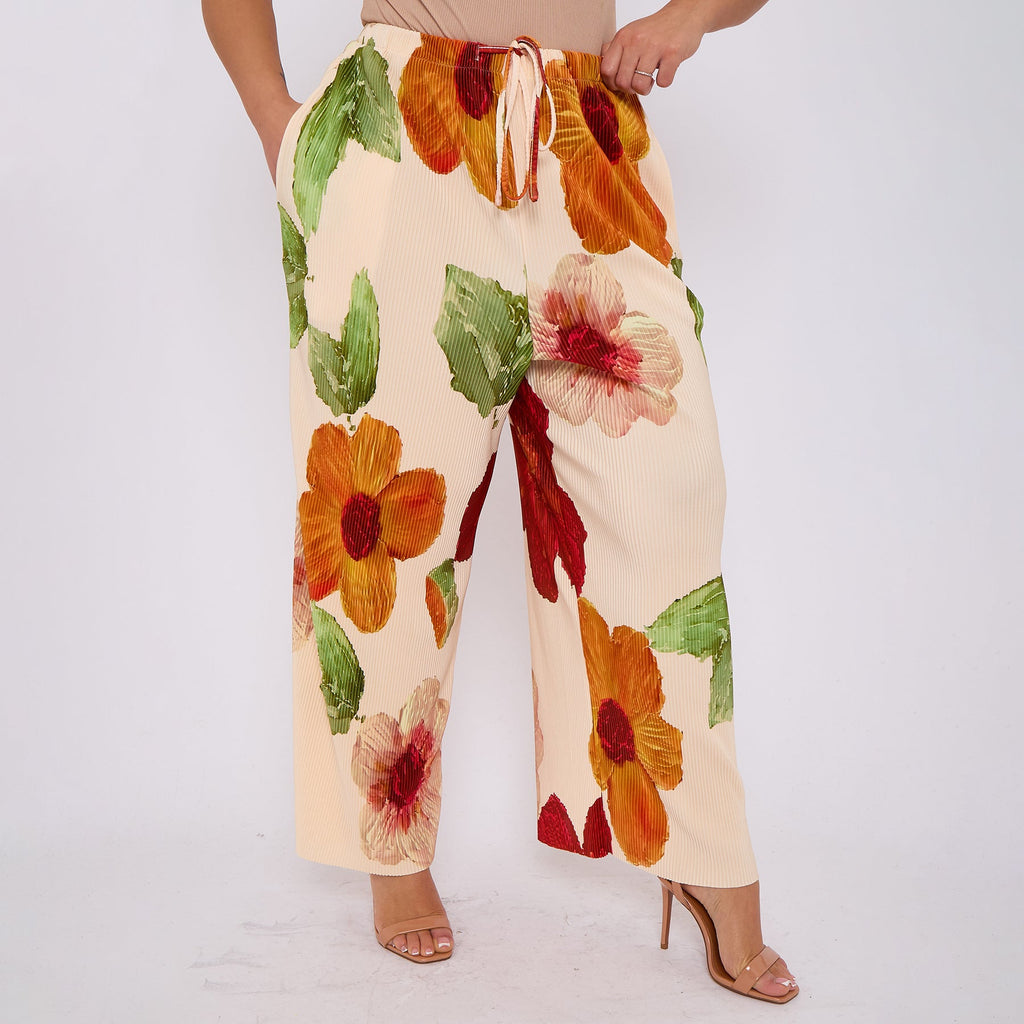 Abstract Floral Wide-Leg Drawstring Pleated Trousers With Pockets
