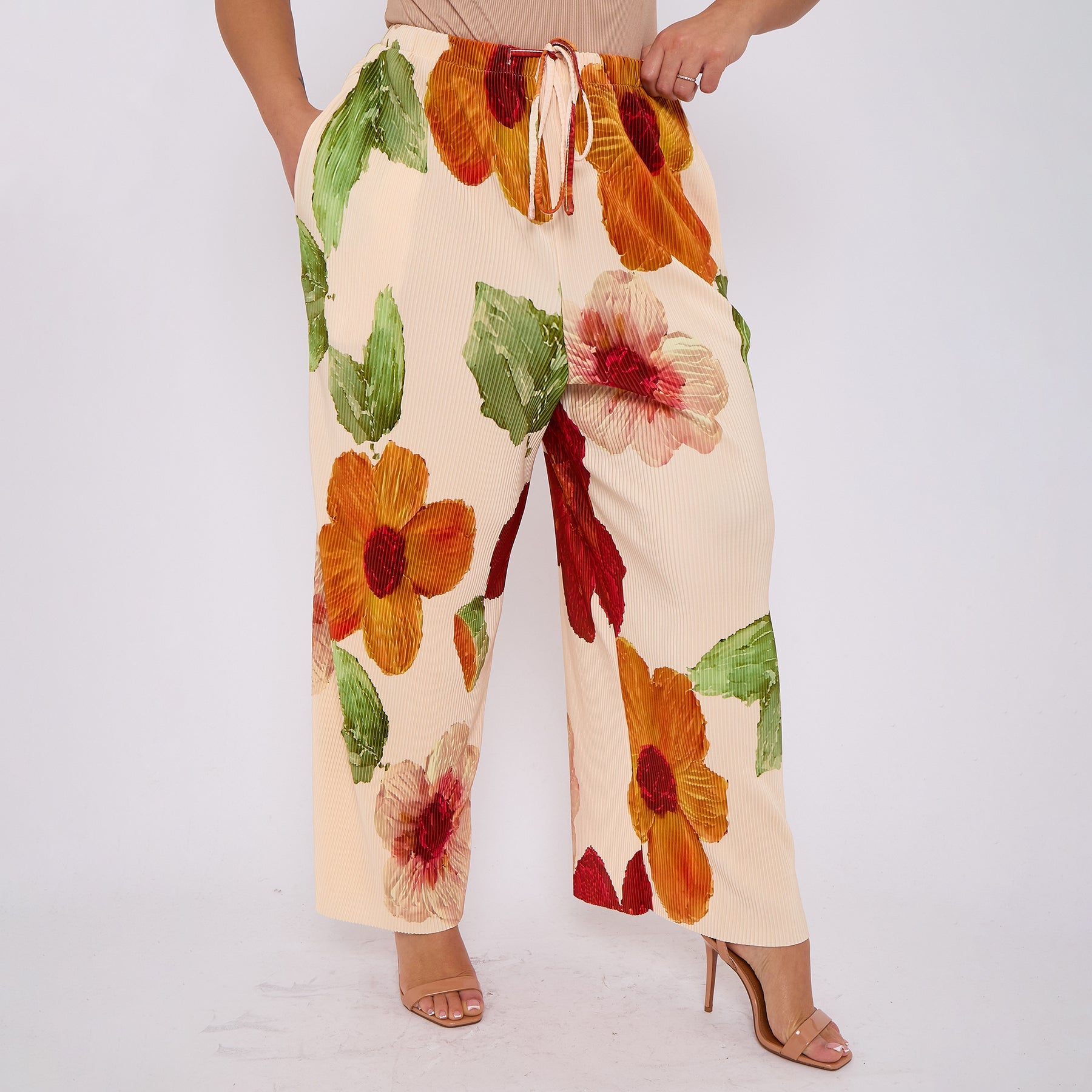 Abstract Floral Wide-Leg Drawstring Pleated Trousers With Pockets