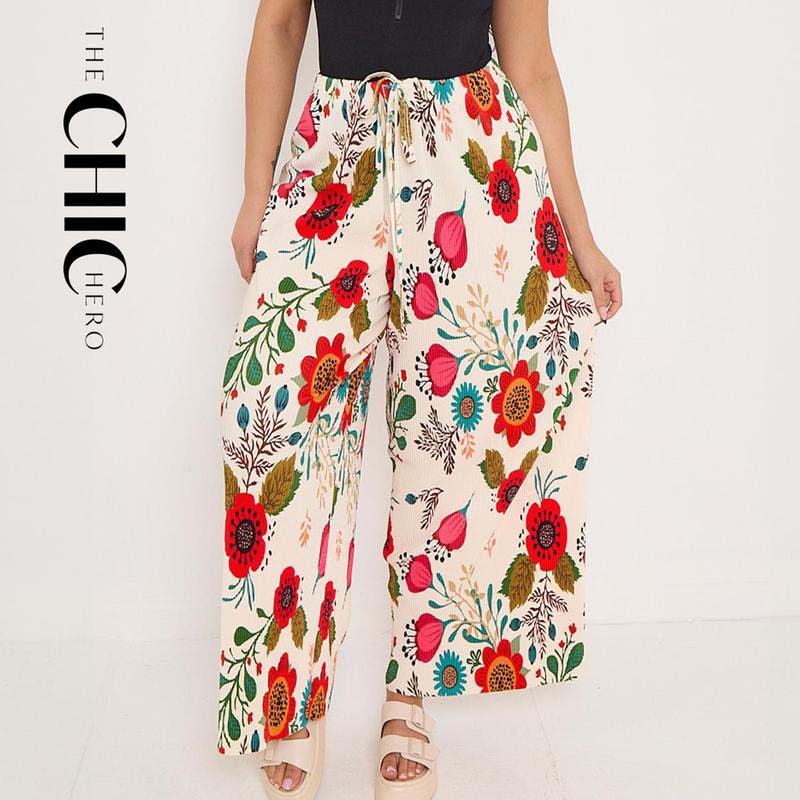 Flower Floral Print Abstract Print Wide-Leg Drawstring Palazzo Pleated Pants