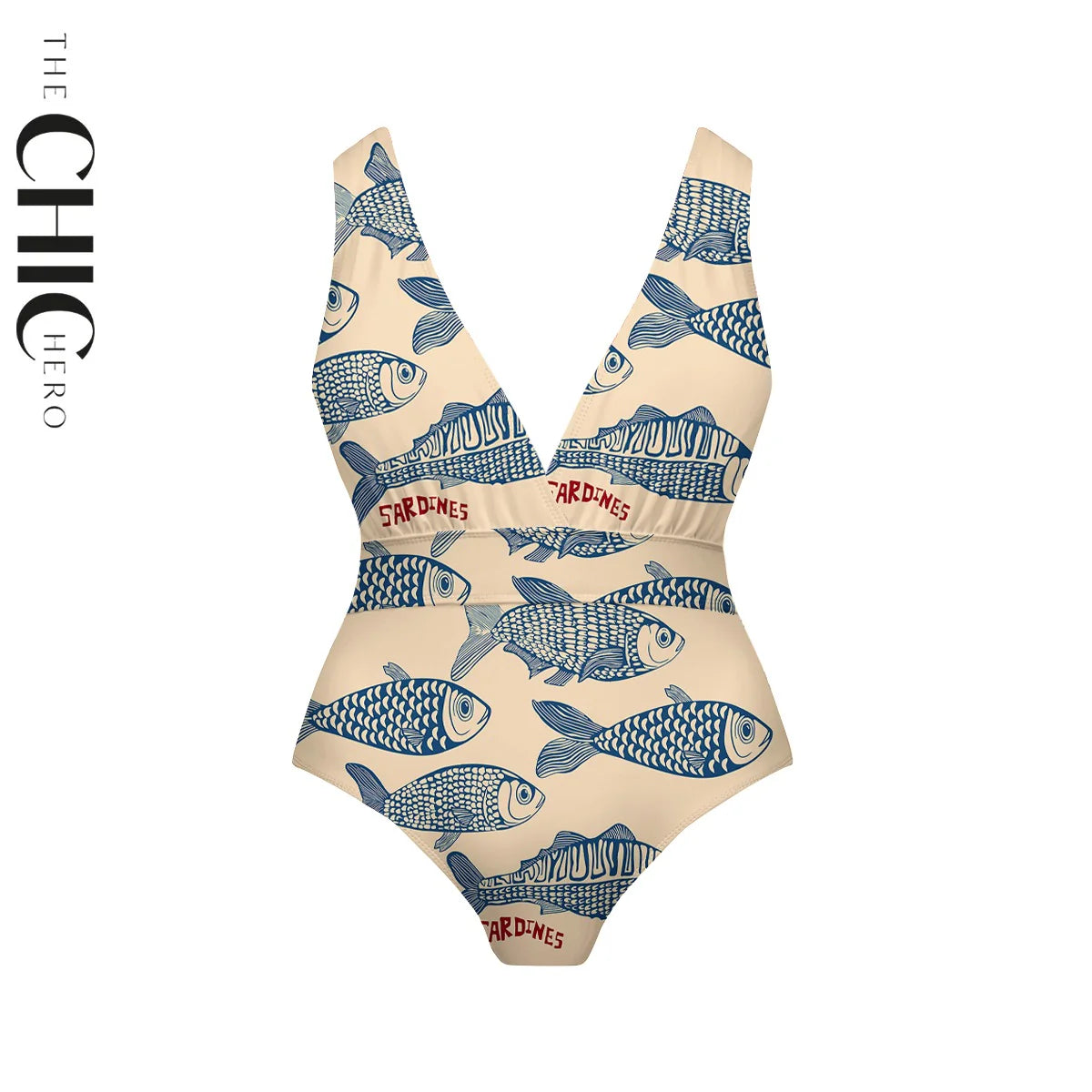 Nautical Sketch Sardine Print One-Piece Swimsuit&Skirt