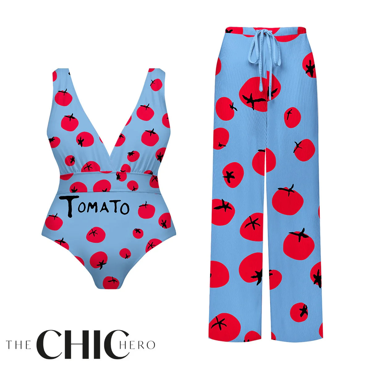 Sky Blue Fresh & Fun Tomato Print One-Piece Swimsuit&Pants