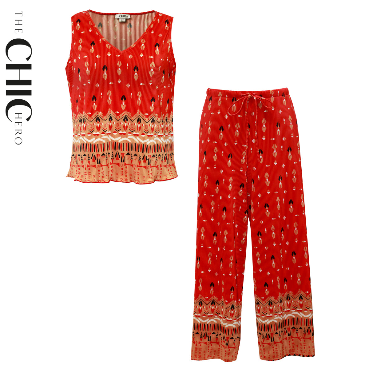Bohemian Tribal Print V-Neck Vest Top & Pleated Pants