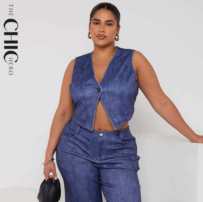 Reversible Relaxed Fit Demin Sleeveless Button-Front Sleeveless Top (light blue & dark blue)