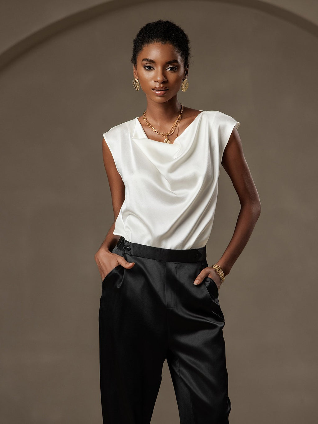 19Momme Silk Cap Sleeve Cowl Neck Tank Top/Blouse