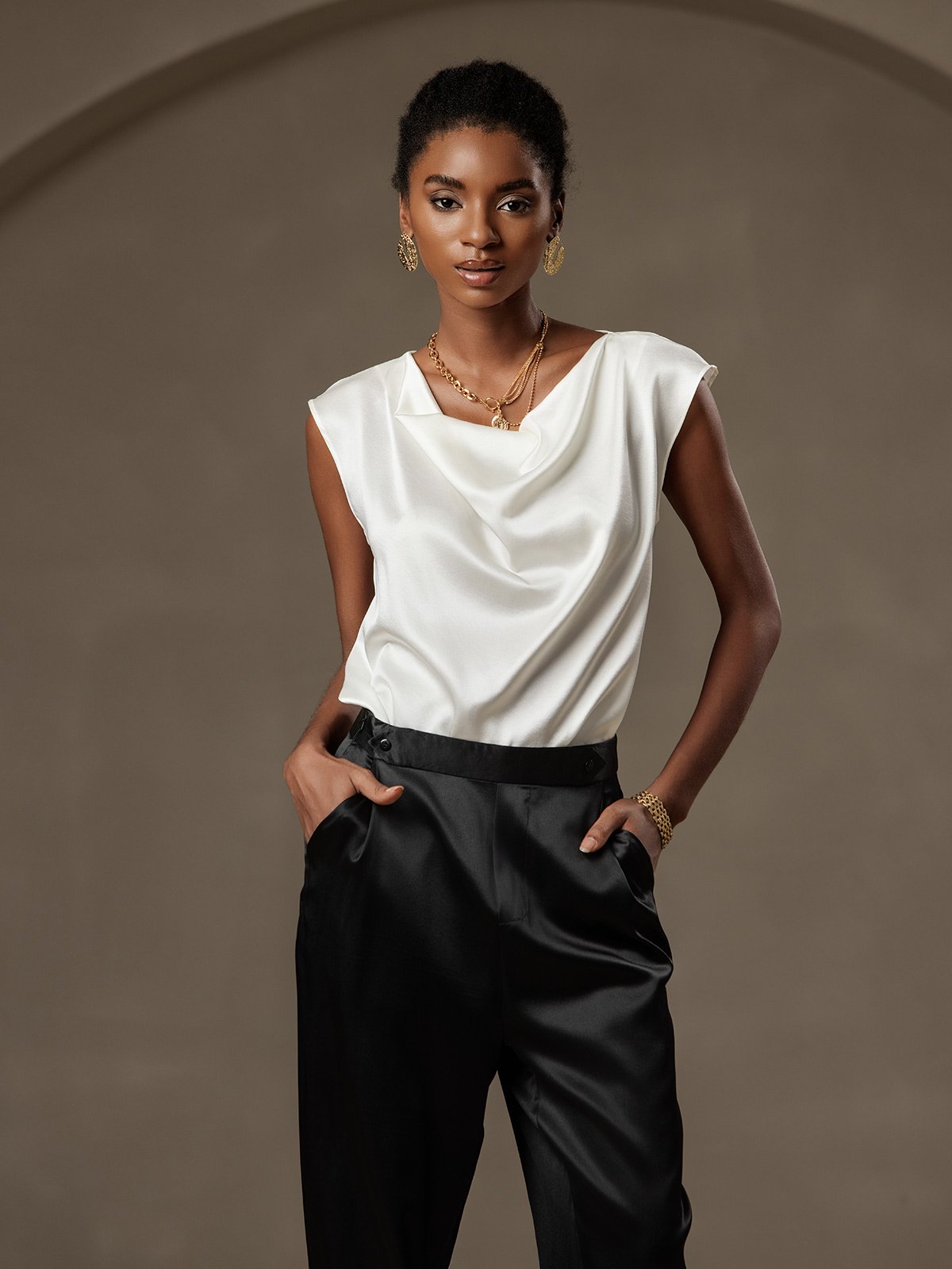 19Momme Silk Cap Sleeve Cowl Neck Tank Top/Blouse